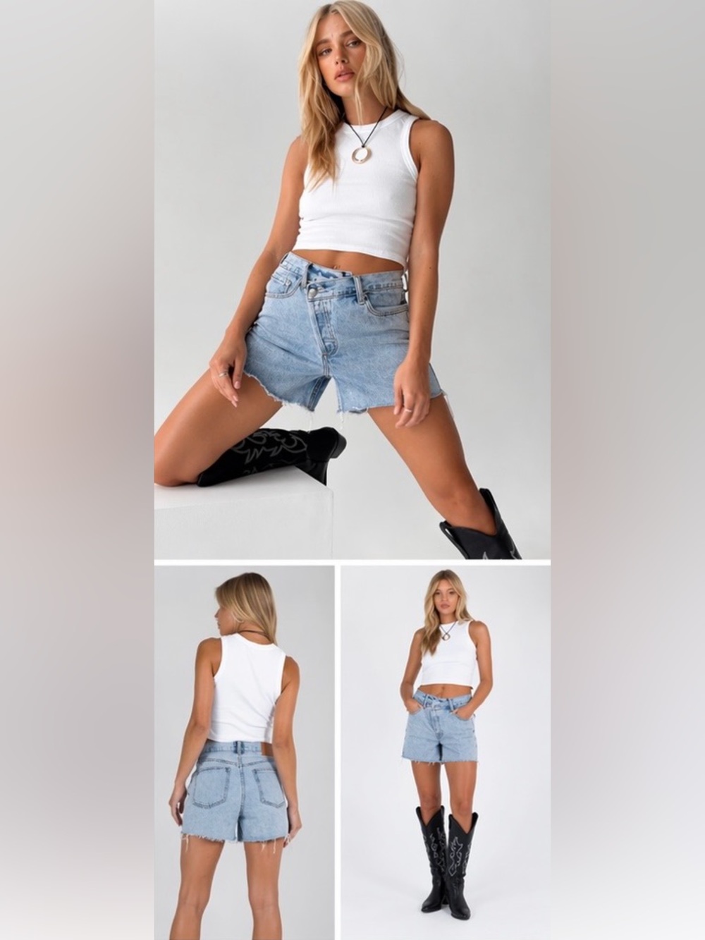 Princess Polly Xena Denim Shorts Light Wash High Rise Raw Hem Festival Y2K